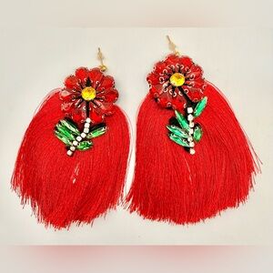 Red Floral Tassel Earrings Crystal Flower Long Fringe Statement Earrings